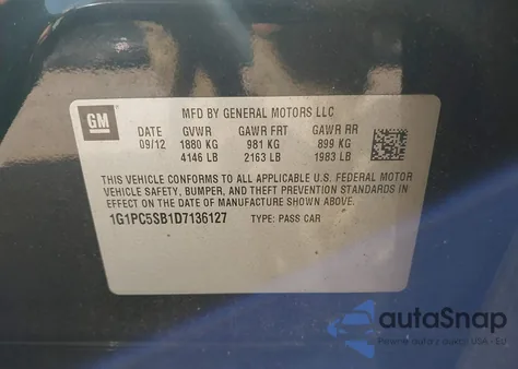 2013 Chevrolet Cruze 1Lt Auto from USA, damaged, VIN 1G1PC5SB1D7136127